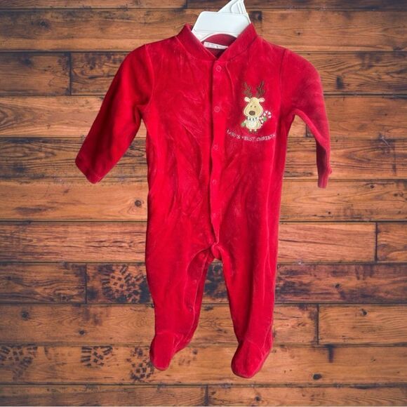 5 for $25🔥3-6 Months First Impressions Red Velvet Reindeer Footie Jumpsuit - Picture 1 of 5